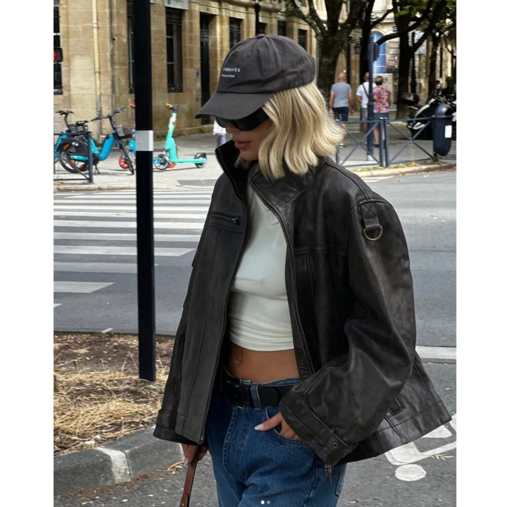 Free People We The Free Skyline Leather Jacket Washed Black - Large